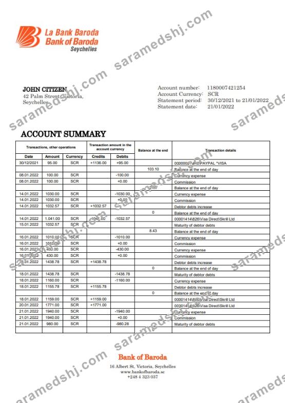 Seychelles Bank of Baroda bank statement
